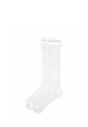 Pair of white knee-high socks with a textured pattern and ruffled lace trim at the top against a white background.