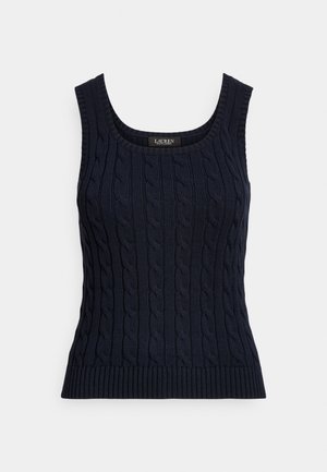 Top a canotta navy in maglia a trecce con scollo rotondo, orlo a coste e motivo testurizzato. Realizzato in morbido materiale a maglia adatto per essere indossato a strati.