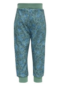 Gröna bomulls-joggers med svart och blå abstrakt linjemönster, med ribbat midjeband och cuffs för en säker passform.