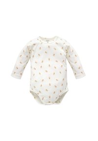 Langärmliger Baby-Body in Creme mit kleinen braunen Teddybären-Prints, mit Rundhalsausschnitt und Druckknopfverschluss im Schritt. Aus weichem Baumwollmaterial.