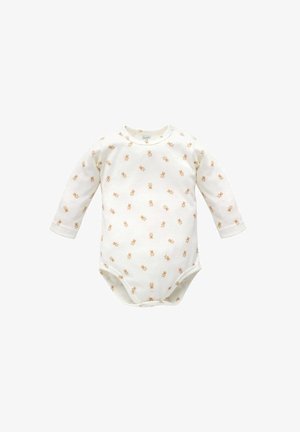 Long-sleeve baby bodysuit in cream with small brown teddy bear prints, featuring a round neck and snap closure at the bottom. Soft cotton material.