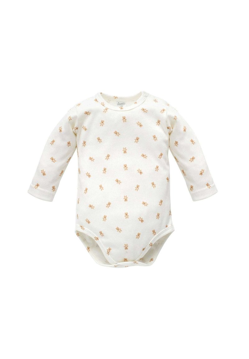 Langärmliger Baby-Body in Creme mit kleinen braunen Teddybären-Prints, mit Rundhalsausschnitt und Druckknopfverschluss im Schritt. Aus weichem Baumwollmaterial.