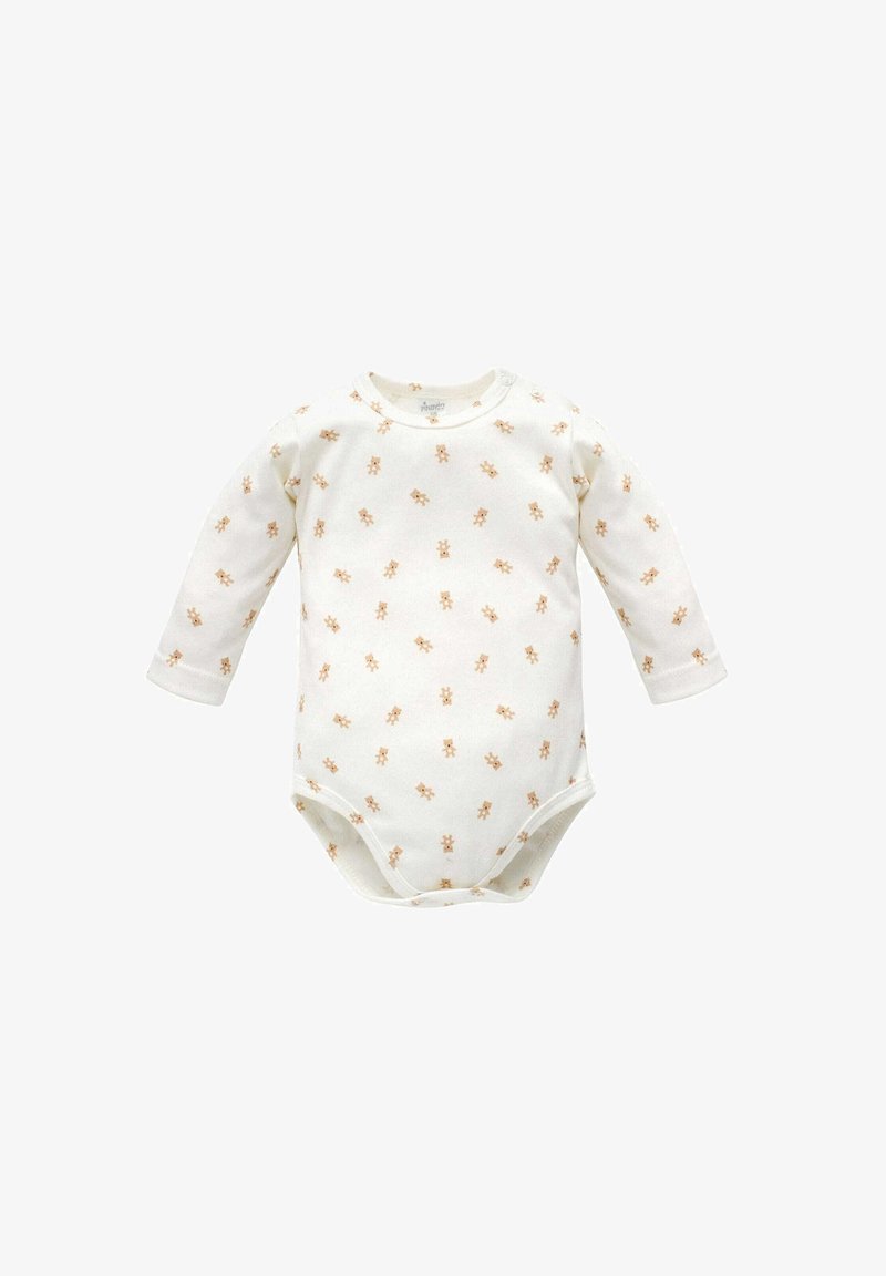 Bodysuit à manches longues pour bébé en crème, avec de petits imprimés de teddy bears marron, présentant un col rond et un système de fermeture à pression en bas. Matière en coton doux.