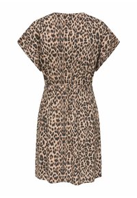 Robe courte à imprimé léopard avec manches courtes et taille élastique, vue de dos sur fond blanc.
