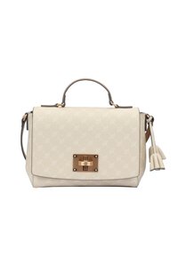 Sac à main beige en matière synthétique présentant un motif géométrique en relief, des ferrures dorées, une poignée supérieure et des accents de pampilles.