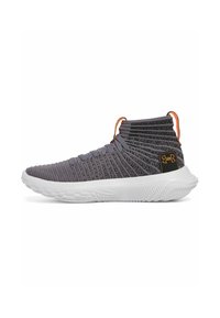 Gray knit high-top sneaker with textured upper, white rubber sole, and orange laces. Features brand logo in black on heel.