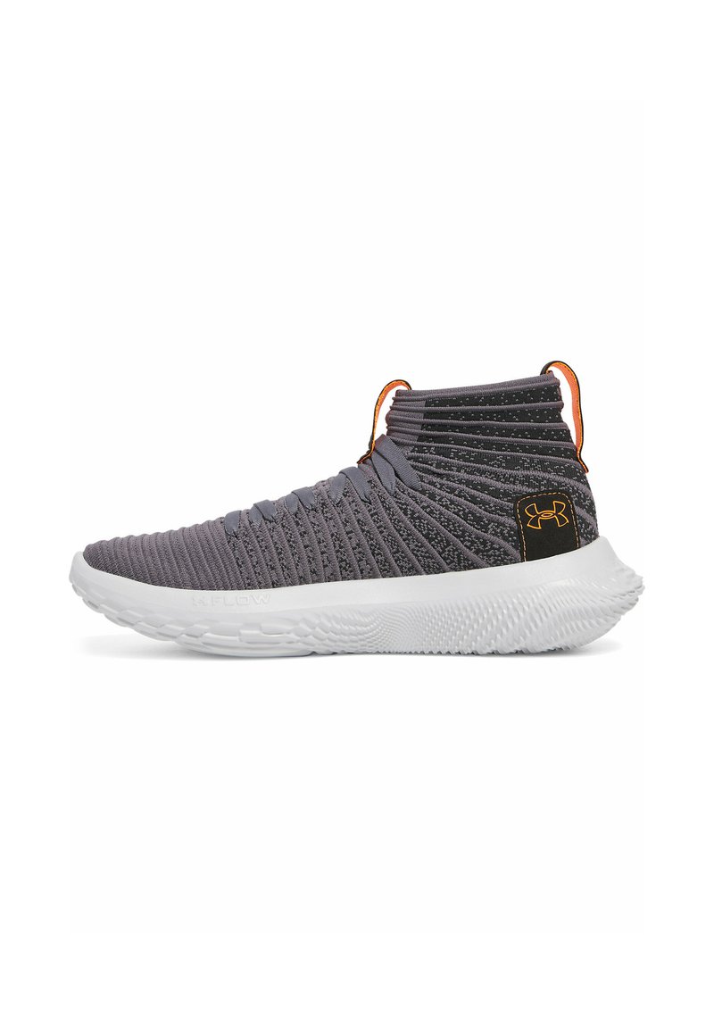 Gray knit high-top sneaker with textured upper, white rubber sole, and orange laces. Features brand logo in black on heel.