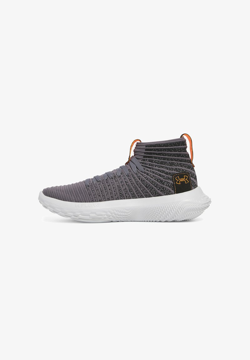 Gray knit high-top sneaker with textured upper, white rubber sole, and orange laces. Features brand logo in black on heel.