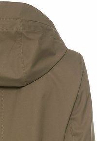 Olive green hooded jacket with a smooth texture, featuring visible stitching and a relaxed fit. Focus on the back view and hood design.