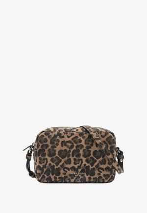 Leopard print crossbody bag in soft suede, rectangular shape, featuring a top zip closure, detachable strap, and embossed logo in silver.