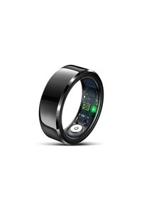 Zwarte slimme ring die interne elektronische componenten toont met een klein gloeiend groen lichtje binnenin de band.