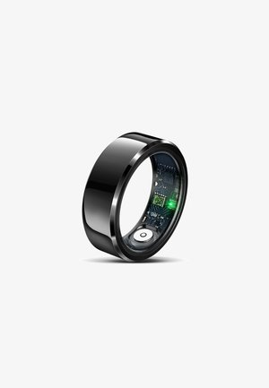 Zwarte slimme ring die interne elektronische componenten toont met een klein gloeiend groen lichtje binnenin de band.