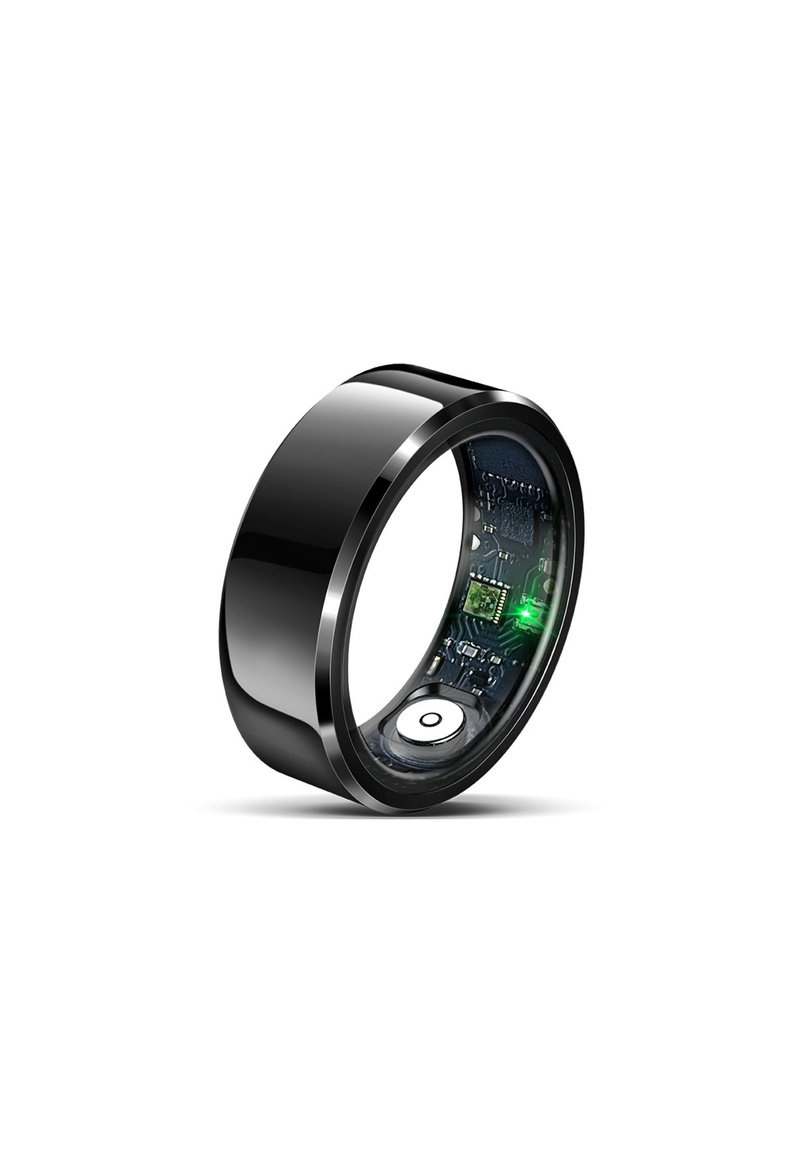 Zwarte slimme ring die interne elektronische componenten toont met een klein gloeiend groen lichtje binnenin de band.