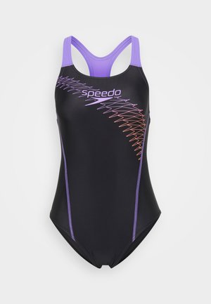 Black swimsuit with purple straps and accents. Features a zigzag pattern in purple and orange on the front. Made from smooth, stretchy material.
