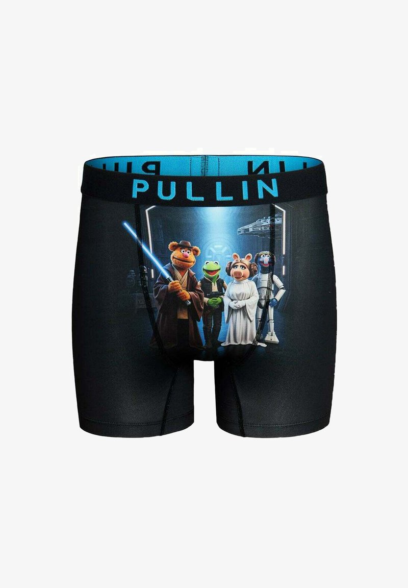 Boxers noirs avec un graphisme coloré représentant des personnages des Muppets déguisés en costumes de Star Wars, avec une ceinture bleue vif portant l'inscription « PULLIN ».
