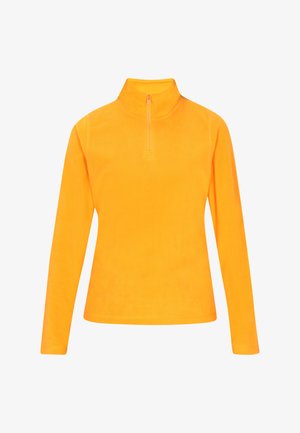 Pullover in pile di colore arancione brillante, con colletto a metà cerniera e maniche lunghe. Texture morbida e finitura liscia, progettato per il calore.
