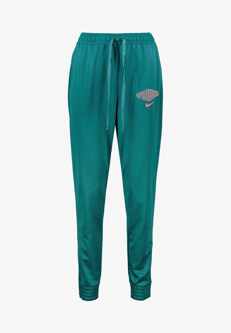 Teal joggers met een elastische tailleband en verstelbare koord. Bevat een roze logo op de linkerdij en ribbelboorden bij de enkels.