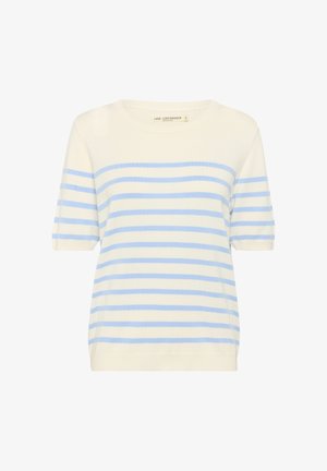 Mėlynos ir baltos dryžuotos trumpomis rankovėmis megztukas su apvaliu iškirpimu. Minkšta tekstūra, laisvas siluetas, su horizontaliais dryžiais per visą kūną.