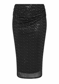 Czarna spódnica ołówkowa z marszczonym teksturem w talii. Pokryta błyszczącymi srebrnymi cekinami, kończy się tuż poniżej kolana z przezroczystym wykończeniem.