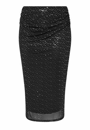 Gonna a matita nera con texture arricciata in vita. Coperta di paillettes argento lucido, termina poco sotto il ginocchio con orlo trasparente.