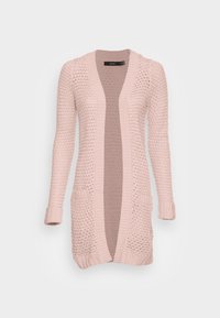 Cardigan largo de punto abierto en un suave color rosa claro, con un patrón texturizado, dos bolsillos frontales y puños y dobladillo acanalados.