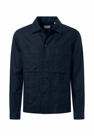 Dunkelblaue, langärmelige Knopfleistenjacke mit vier vorderen Taschen und Kragen, aus strukturiertem Stoff gefertigt.