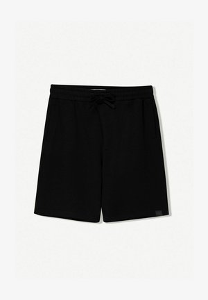 Svarta bomullsshorts med elastisk midja och snörning, sidofickor och en mjuk yta. Enkelt design utan mönster.