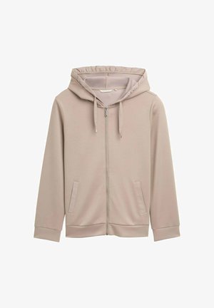 Beige zip-up hoodie with drawstring hood and two front slit pockets, displayed on a white background.