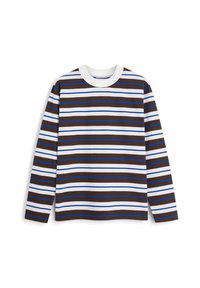 Koszulka z długim rękawem i okrągłym dekoltem w poziome paski w brązowym, białym i niebieskim kolorze na białym tle.