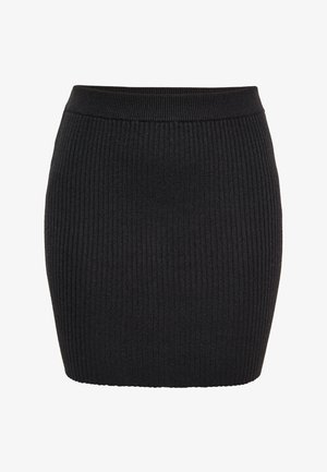 Schwarzer gerippter Strickrock mit hohem Bund. Figurnaher Schnitt und glatte Textur, der leicht über den Oberschenkel hinausgeht.