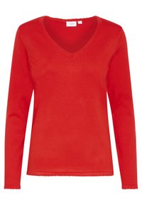 Pull rouge à manches longues avec un col en V, fait d'un tissu lisse. Présente un ourlet à volants aux poignets et en bas, conçu pour une coupe ajustée.