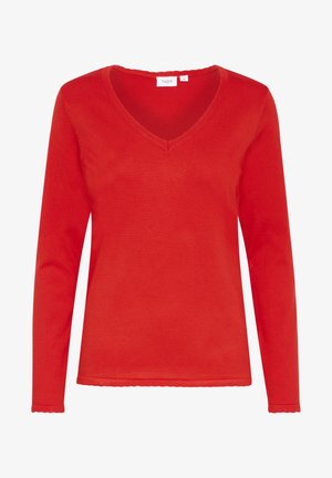 Rode trui met lange mouwen en een V-hals, gemaakt van een gladde stof. Voorzien van een gegolfde rand aan de boorden en onderkant, ontworpen voor een aansluitende pasvorm.