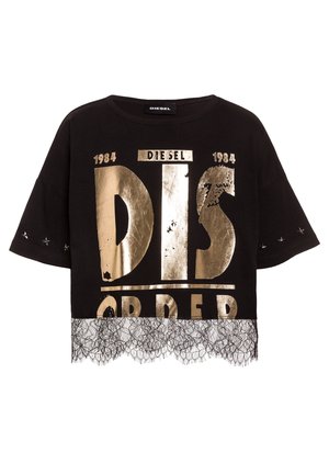 Czarny krótki t-shirt z krótkim rękawem, z metalicznie złotym grafiką tekstu, koronkowym wykończeniem na dole i gwiazdami na rękawach.