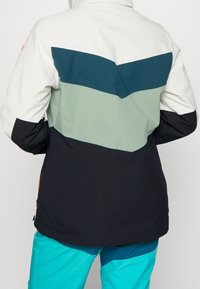 Kabát s barevným blokováním v bílé, tyrkysové, zelené a černé části. Obsahuje vysoký límec a hladkou, lehkou látku.