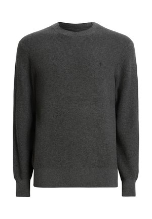 Dunkelgrauer, gerippter Strickpullover mit Rundhalsausschnitt und langen Ärmeln. Hat eine klassische Passform und dezentes Branding auf der Brust.