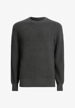 Dunkelgrauer, gerippter Strickpullover mit Rundhalsausschnitt und langen Ärmeln. Hat eine klassische Passform und dezentes Branding auf der Brust.