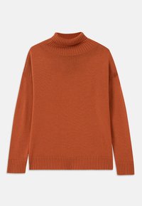 Turtleneck genser i brent oransje, laget av myk strikket stoff. Har ribbestrikket krage og kant, med en avslappet silhuett og lange ermer.