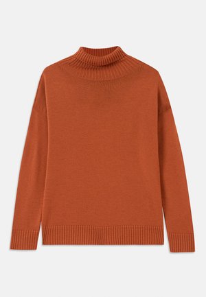 Paita turtleneck värissä poltettu oranssi, valmistettu pehmeästä neuloksesta. Siinä on ribbireunus kauluksessa ja helmassa, rento siluetti ja pitkät hihat.