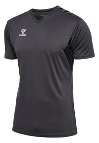 Camiseta deportiva negra con diseño de cuello en V, fabricada en un tejido suave. Presenta el logo de Hummel en la parte delantera y detalles sutiles en los hombros.