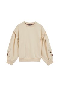 Felpa beige con maniche a sbuffo e ricami che presentano disegni celestiali, scollatura e orlo a coste, texture del tessuto morbida.