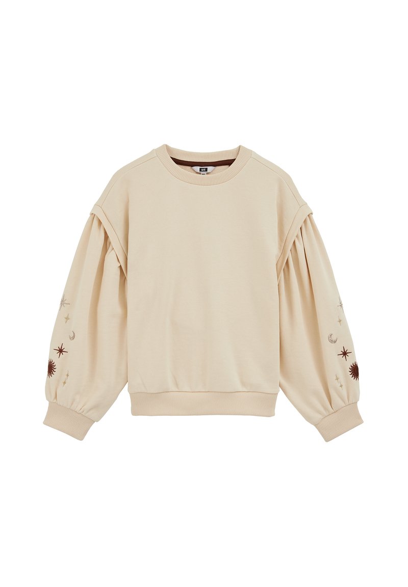 Felpa beige con maniche a sbuffo e ricami che presentano disegni celestiali, scollatura e orlo a coste, texture del tessuto morbida.