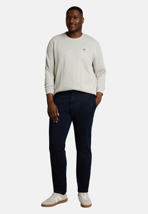 Mann steht und trägt ein hellgrau gestreiftes Langarmhemd, dunkelblaue Hose und beige Sneakers mit weißen Streifen vor weißem Hintergrund.
