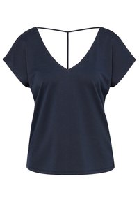 Top corto a maniche corte blu navy con scollatura a V profonda e dettagli con cinturini sulla schiena. Texture liscia e vestibilità ampia, adatto per un abbigliamento casual.
