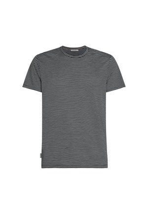 Schwarz-weiß gestreiftes Kurzarm-T-Shirt mit Rundhalsausschnitt. Leichter Stoff mit glatter Textur. Seitliches Etikett sichtbar.