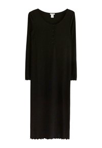 Sort langærmet kjole lavet af ribbet stof, der har en rund halsudskæring og en række knapper foran, med bølget kantdetalje.