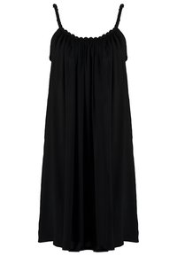 Black sleeveless dress with gathered waistline, flowing A-line shape, and thin adjustable straps. Made from lightweight fabric.