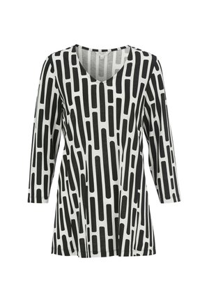 Sort og hvid langærmet top med V-hals, prydet med et vertikalt rektangulært blokmønster.