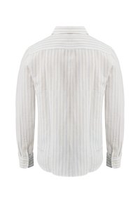 Camisa de manga larga de tejido ligero, con finas rayas azules y blancas, cuello estándar y puños abotonados. Se muestra la vista trasera.