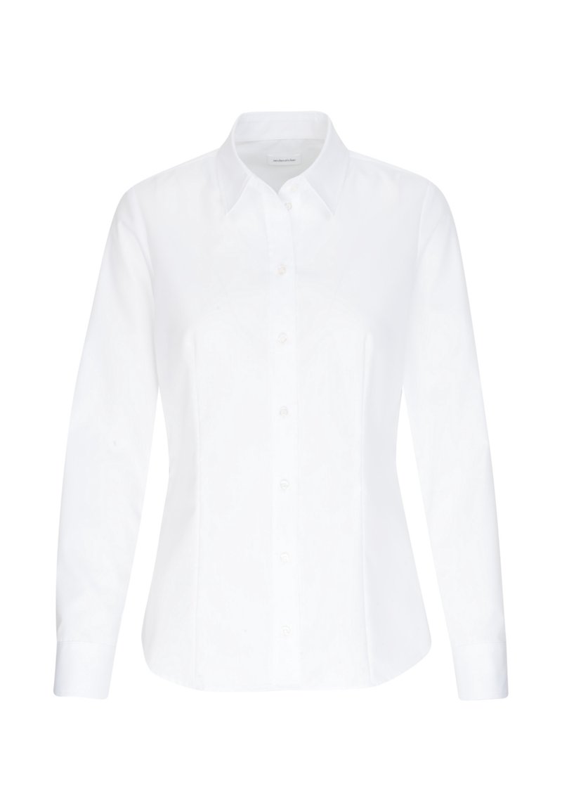 Vit långärmad skjorta med knäppning och krage, skräddarsydd passform. Tillverkad av ett mjukt tyg med subtila sömmar och knappdetaljer.