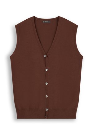 Gilet marron sans manches à boutons, col en V et ourlet côtelé, posé à plat sur fond blanc.